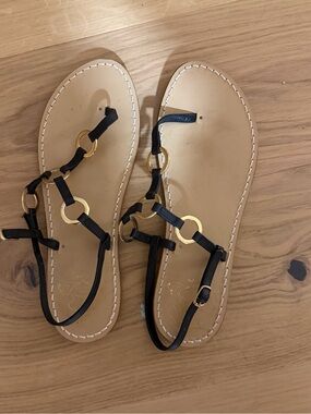 Capri Sandals Women's Black Leather T-Strap Sandals with Gold Rings